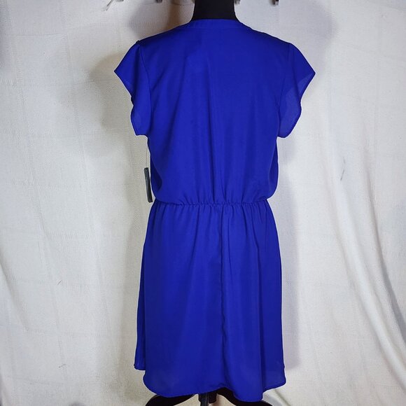 Sweet Rain Blue SS V Neck Poly Silver Button Shoulder Peplum Midi Dress Jr Sz L - Picture 13 of 16